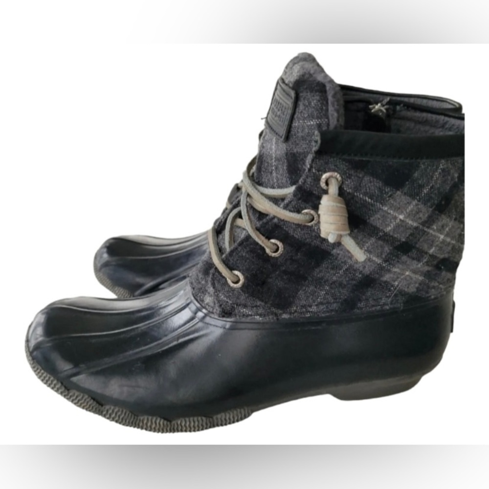 Sperry black & grey plaid flannel saltwater waterproof duck boots 6 gently loved